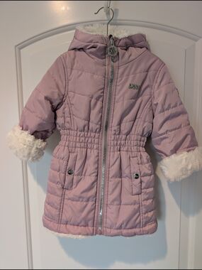 DKNY Girls Pink Quilted Hooded Coat with Faux Fur (Reversible)